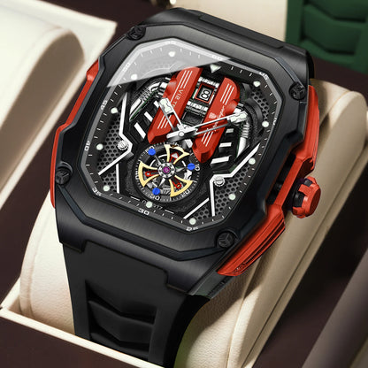 Cavallo V8 engine watch Racing Red colorway — brushed steel case 48mm
